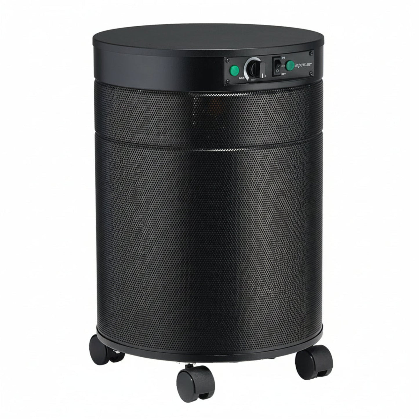 black air purifier shaped like a cylinder with black wheels, Airpura I600 - HEPA Air Purifier on white background