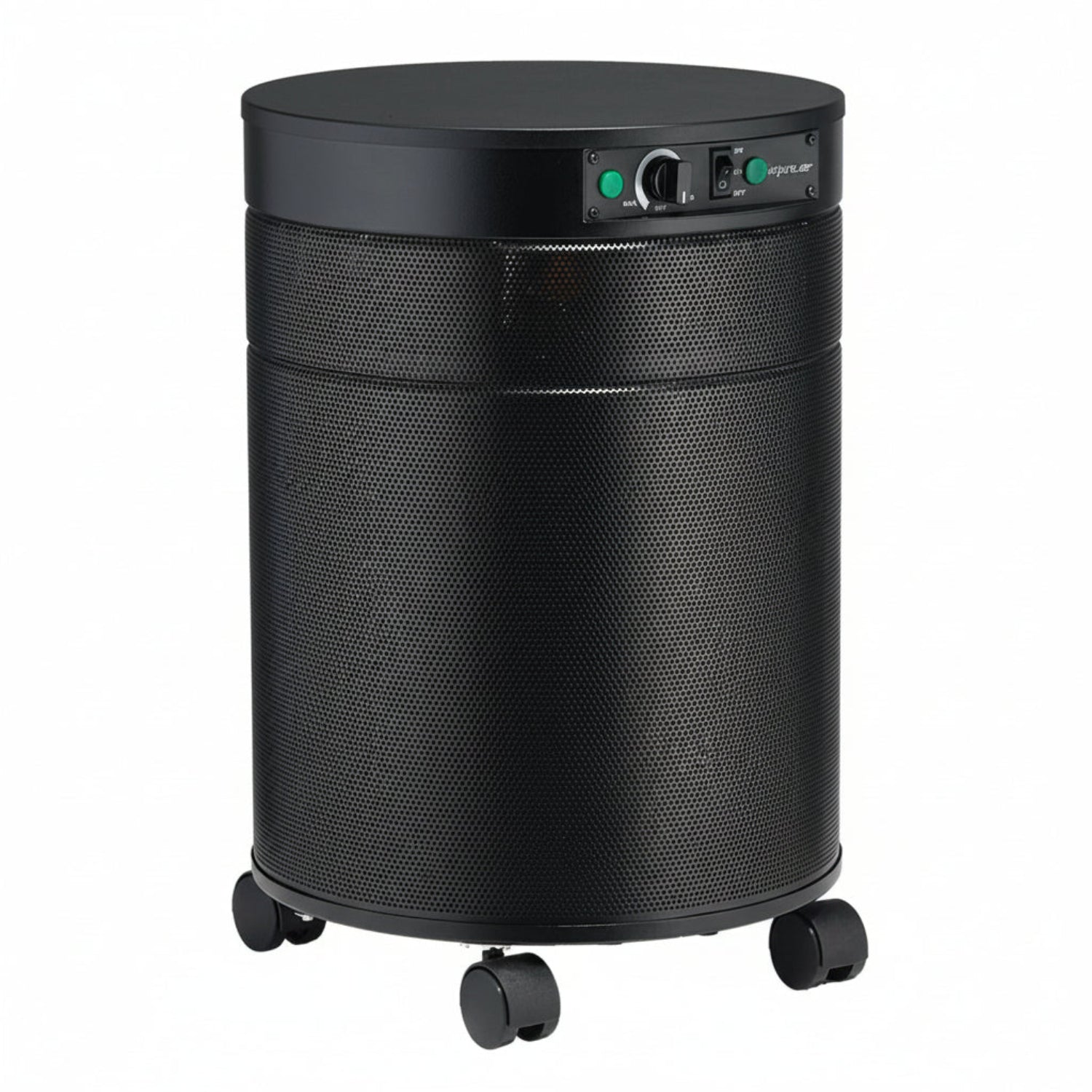 black air purifier shaped like a cylinder with black wheels, Airpura I600 - HEPA Air Purifier on white background
