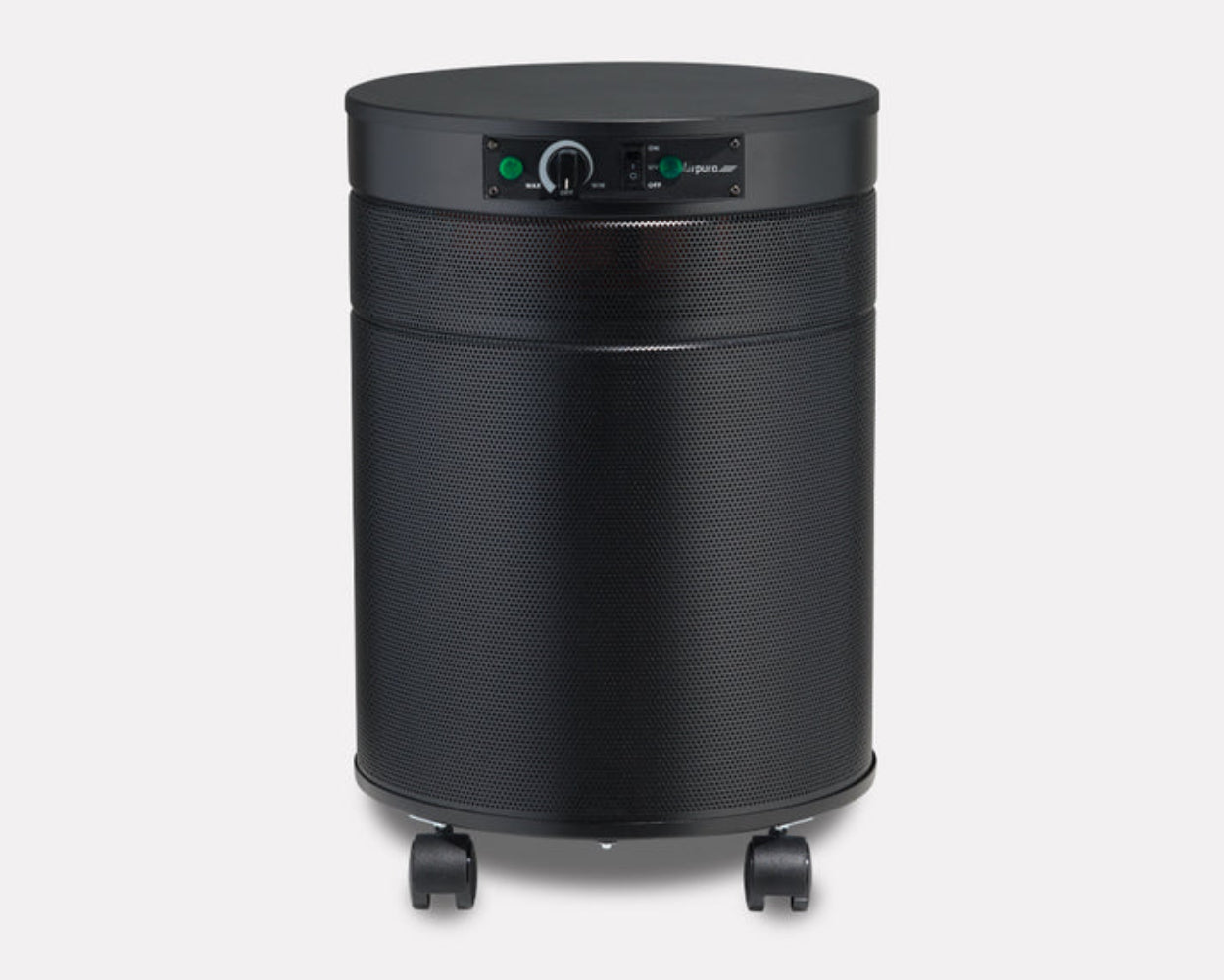 Black cylindrical air purifier on a white background
