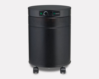 Black cylindrical air purifier on a white background