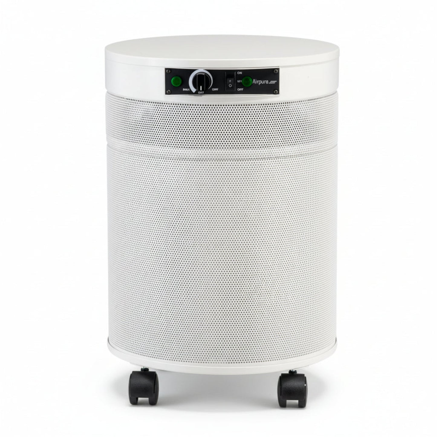 white air purifier shaped like a cylinder with black wheels, Airpura P600 - Germs, Mold and Chemicals Reduction Air Purifier on white background
