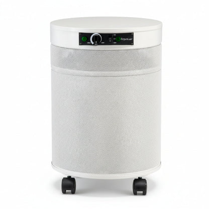 white air purifier shaped like a cylinder with black wheels, Airpura P600 - Germs, Mold and Chemicals Reduction Air Purifier on white background
