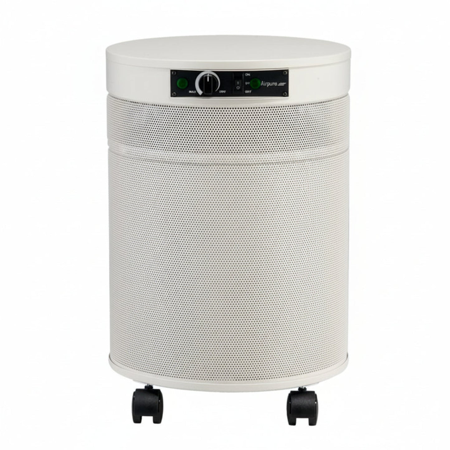 white air purifier shaped like a cylinder with black wheels, Airpura P600 - Germs, Mold and Chemicals Reduction Air Purifier on white background
