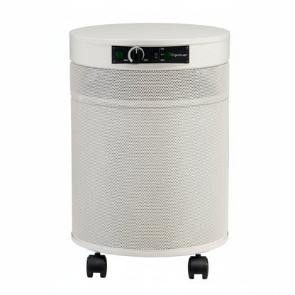 white air purifier shaped like a cylinder with black wheels, Airpura P600 - Germs, Mold and Chemicals Reduction Air Purifier on white background