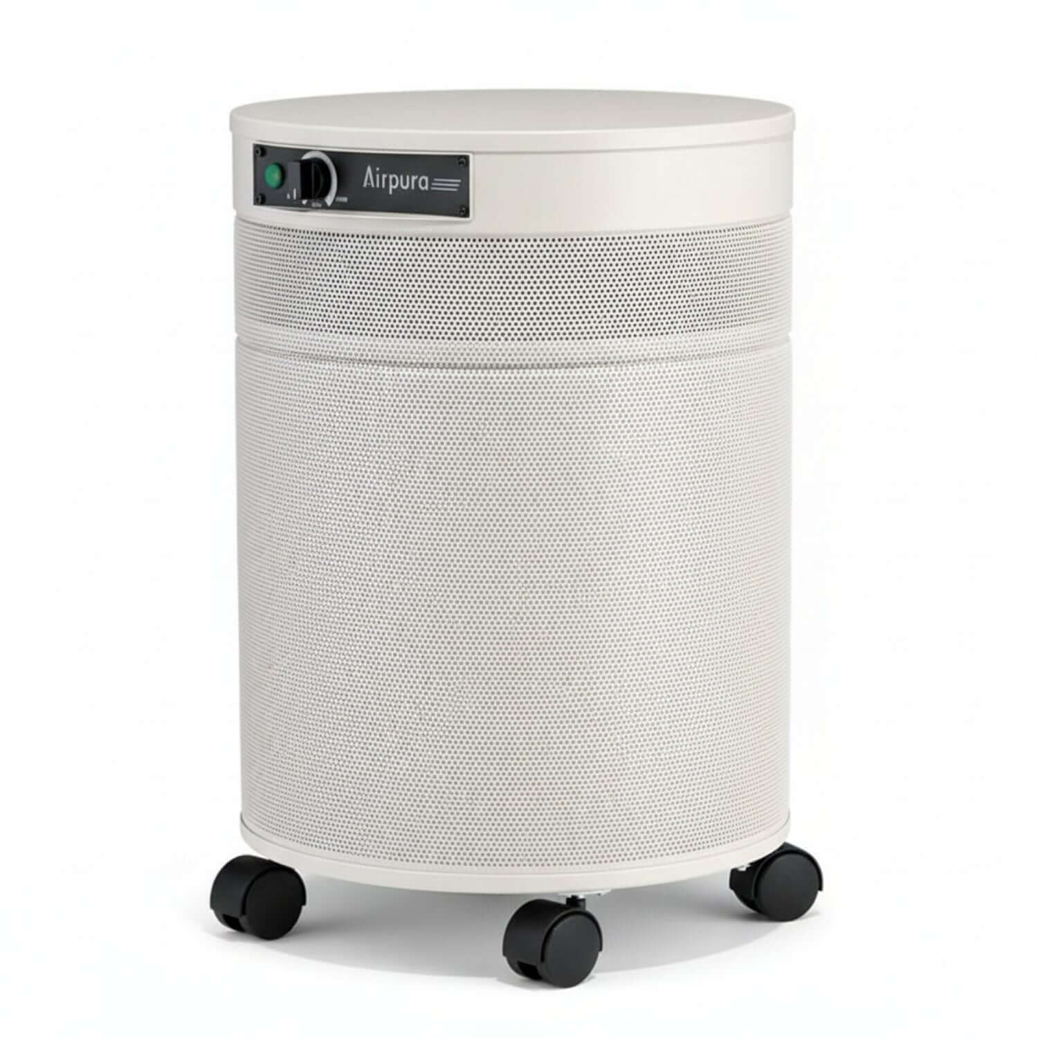white air purifier shaped like a cylinder with black wheels, Airpura R600 - The Everyday Air Purifier on white background