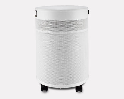 White cylindrical air purifier on a white background