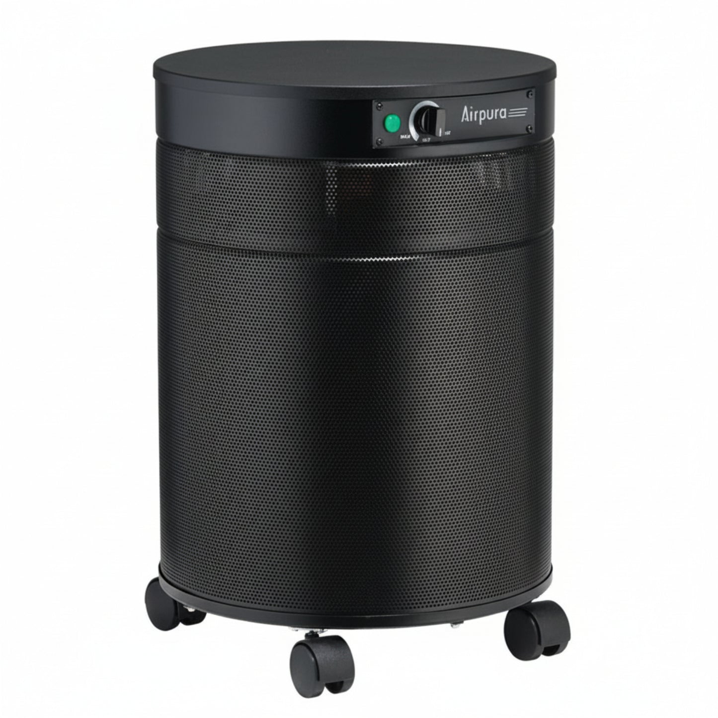 black air purifier shaped like a cylinder with black wheels, Airpura T600DLX Air Purifier on white background