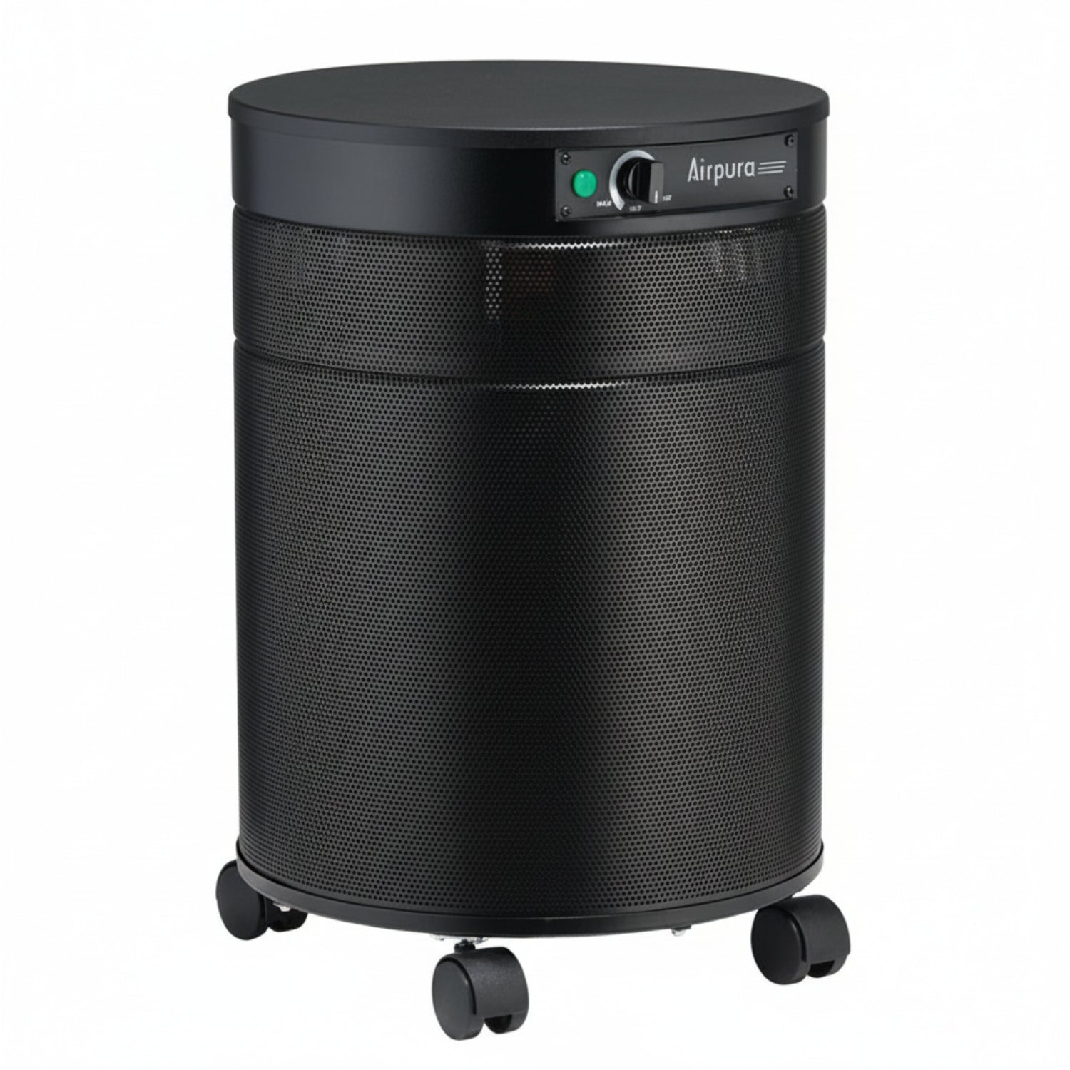 black air purifier shaped like a cylinder with black wheels, Airpura T600DLX Air Purifier on white background