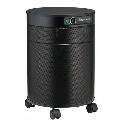 black air purifier shaped like a cylinder with black wheels, Airpura T600DLX Air Purifier on white background