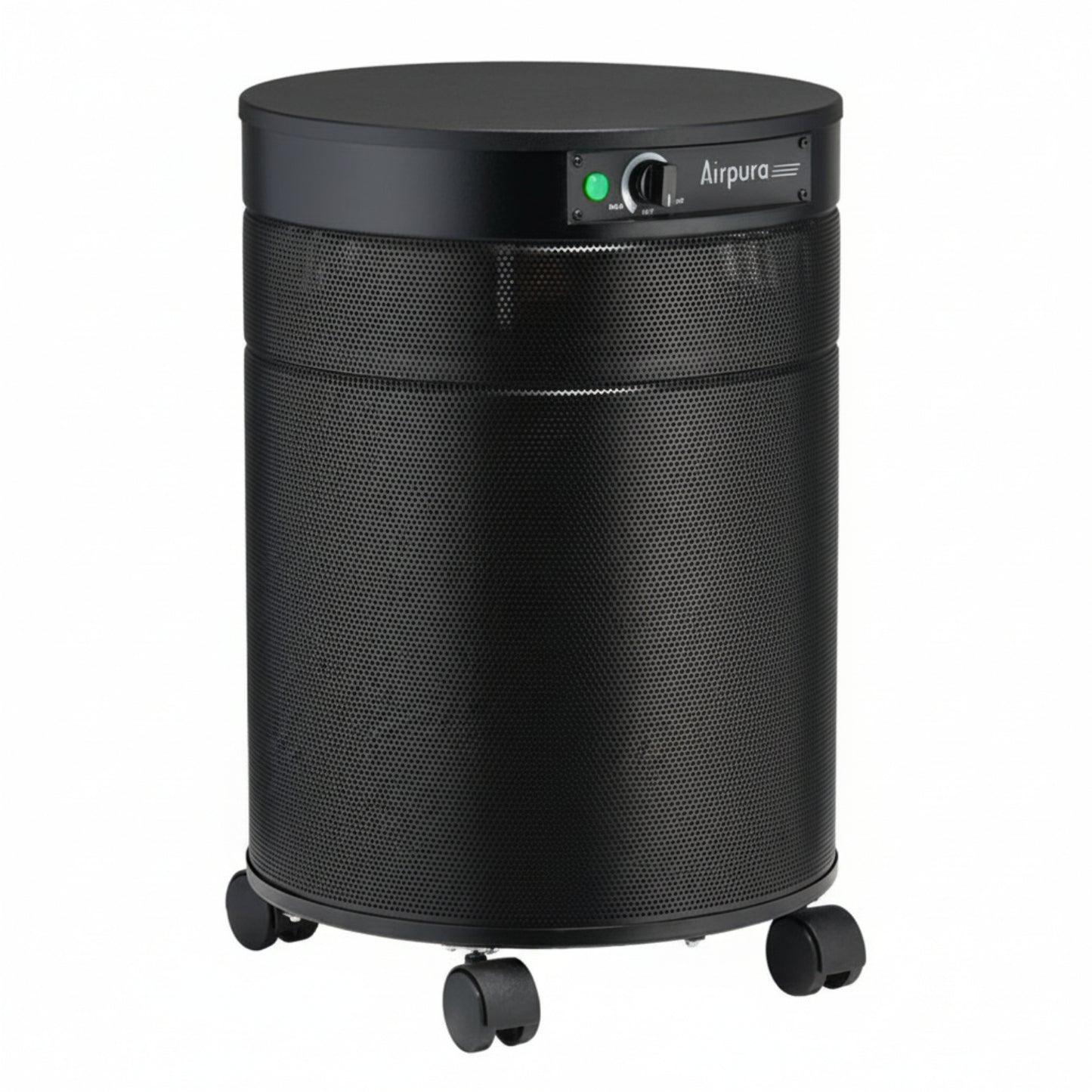 black air purifier shaped like a cylinder with black wheels, Airpura T600DLX Air Purifier on white background