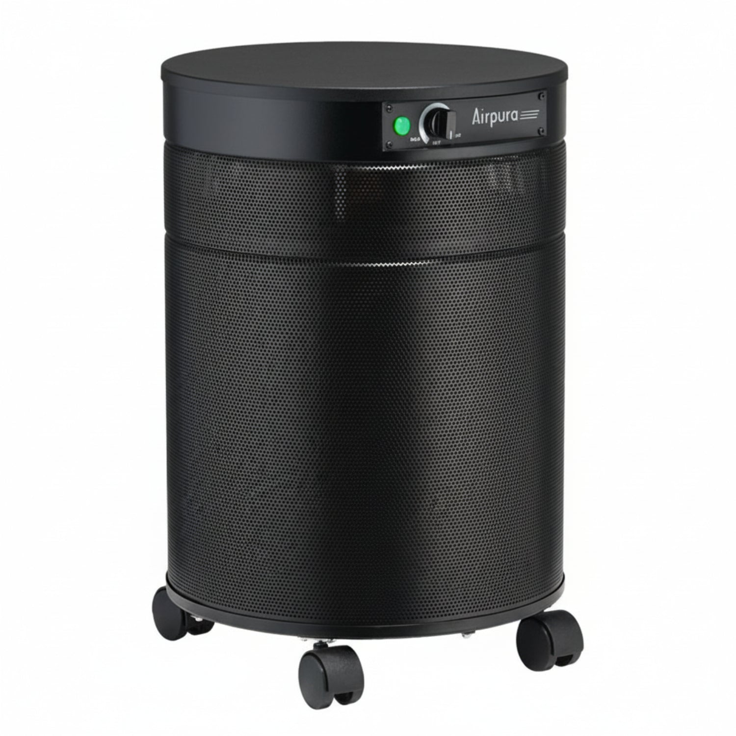 black air purifier shaped like a cylinder with black wheels, Airpura T600DLX Air Purifier on white background