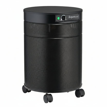 black air purifier shaped like a cylinder with black wheels, Airpura T600DLX Air Purifier on white background