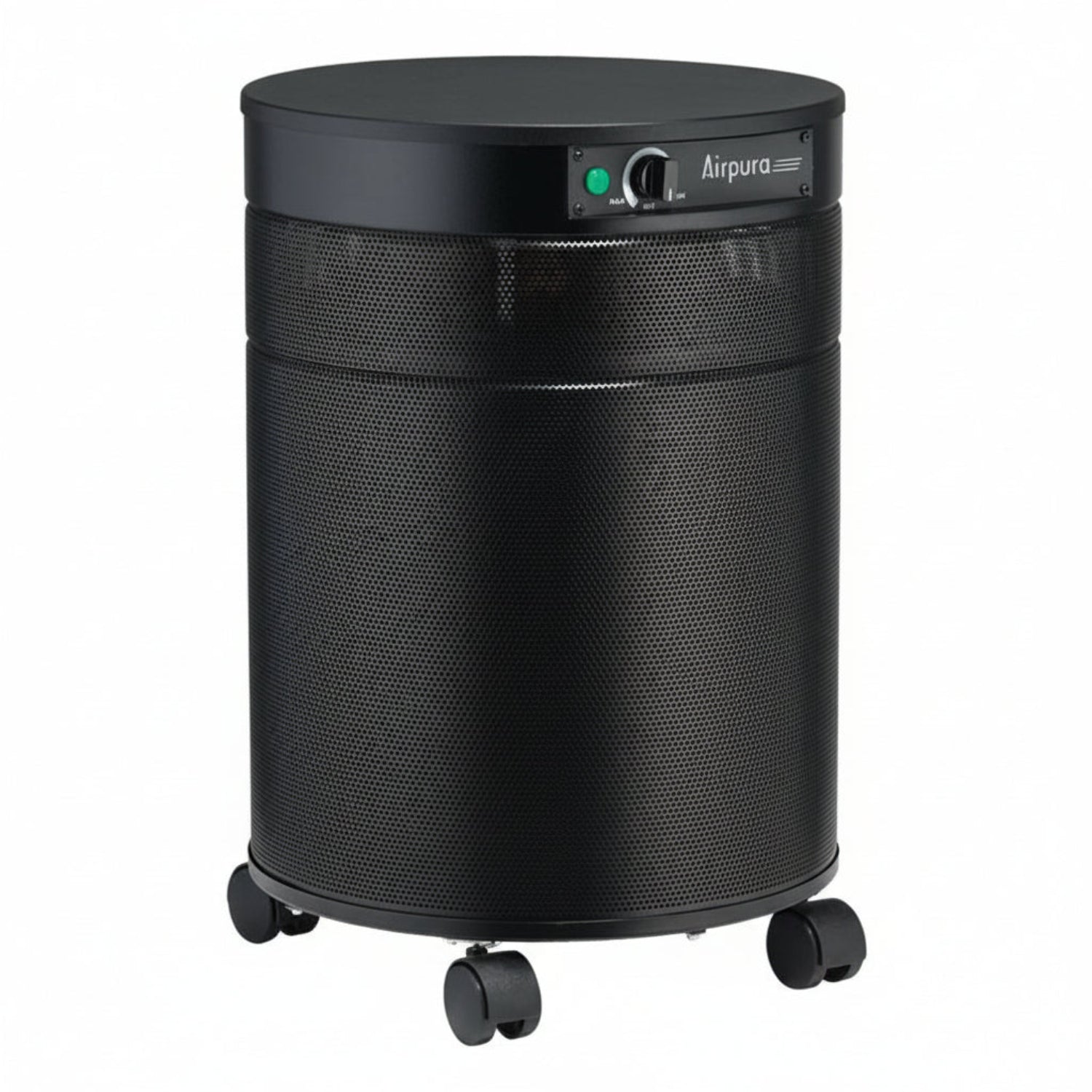 black air purifier shaped like a cylinder with black wheels, Airpura T600 Air Purifier on white background