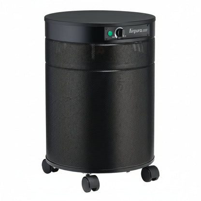 black air purifier shaped like a cylinder with black wheels, Airpura T600 Air Purifier on white background