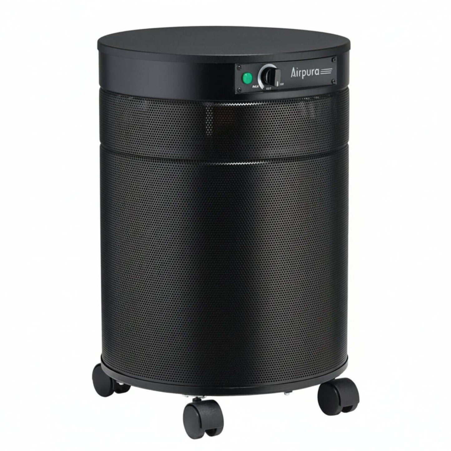 black air purifier shaped like a cylinder with black wheels, Airpura T600 Air Purifier on white background