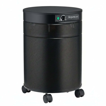 black air purifier shaped like a cylinder with black wheels, Airpura T600 Air Purifier on white background