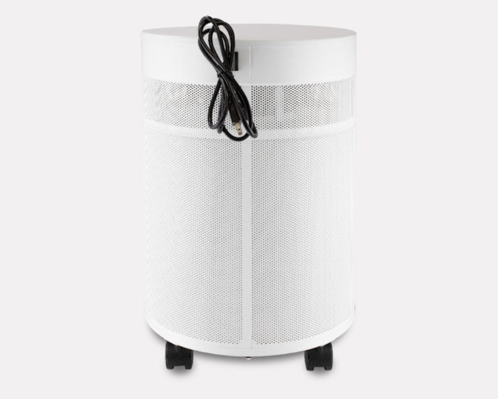 White air purifier with a black power cord on a white background