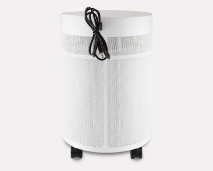 White air purifier with a black power cord on a white background