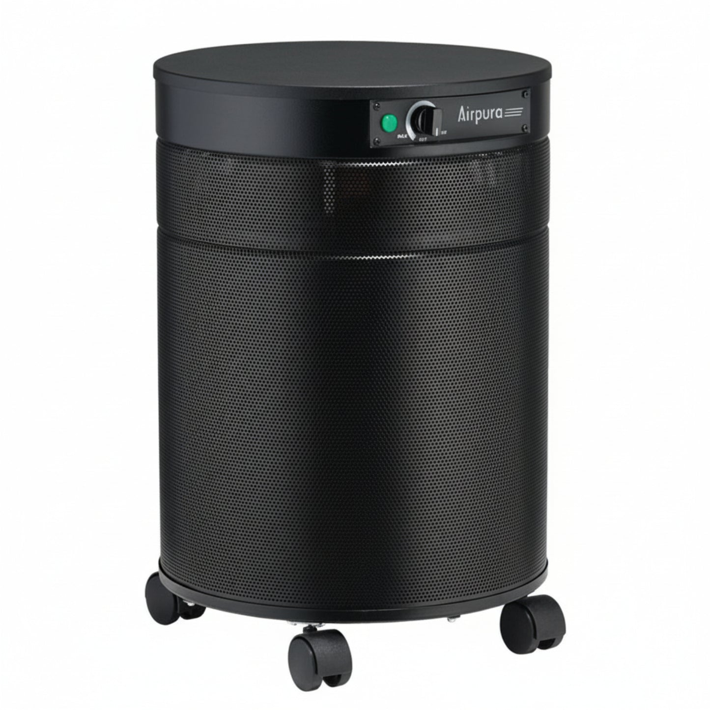 black air purifier shaped like a cylinder with black wheels, Airpura T600 Air Purifier on white background