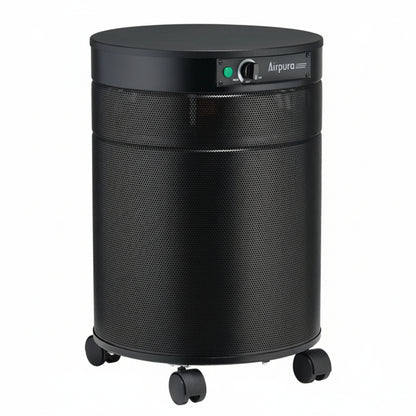 black air purifier shaped like a cylinder with black wheels, Airpura T600 Air Purifier on white background