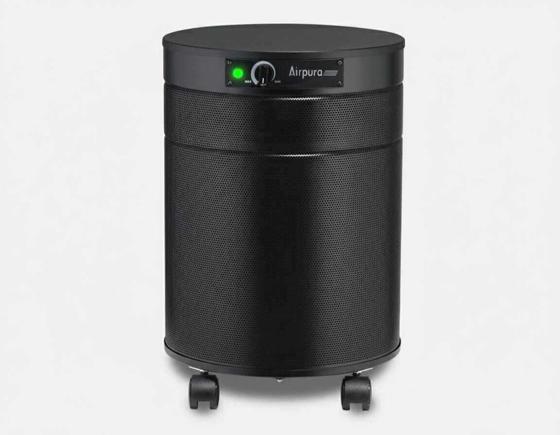 black air purifier shaped like a cylinder with black wheels, Airpura UV600 Air Purifier on white background