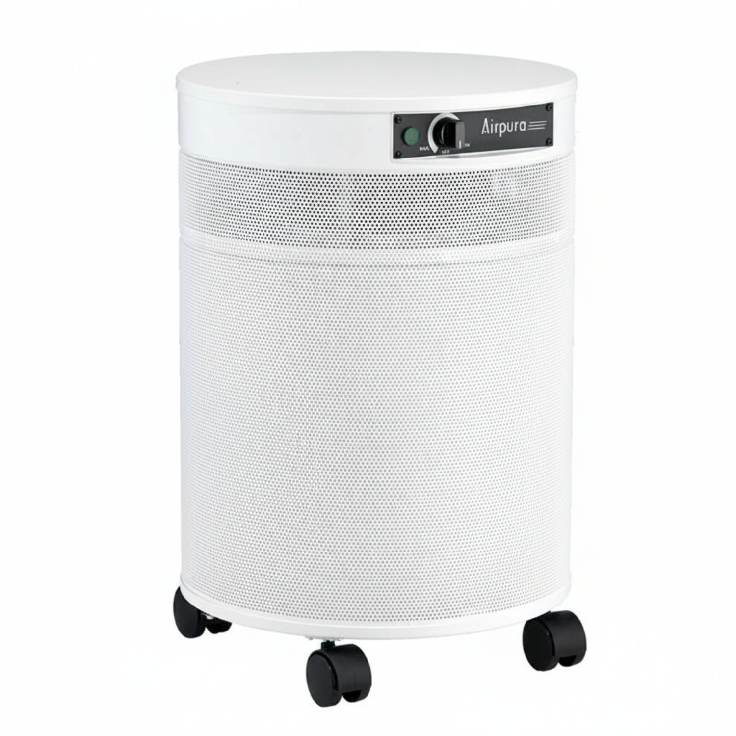 white air purifier shaped like a cylinder with black wheels, Airpura UV600 Air Purifier on white background