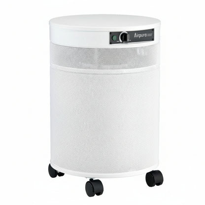 white air purifier shaped like a cylinder with black wheels, Airpura UV600 Air Purifier on white background