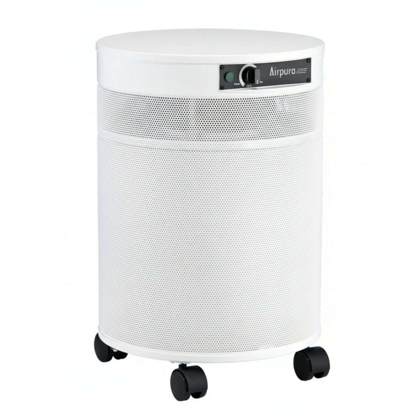 white air purifier shaped like a cylinder with black wheels, Airpura UV600 Air Purifier on white background