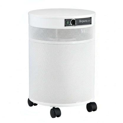 white air purifier shaped like a cylinder with black wheels, Airpura UV600 Air Purifier on white background