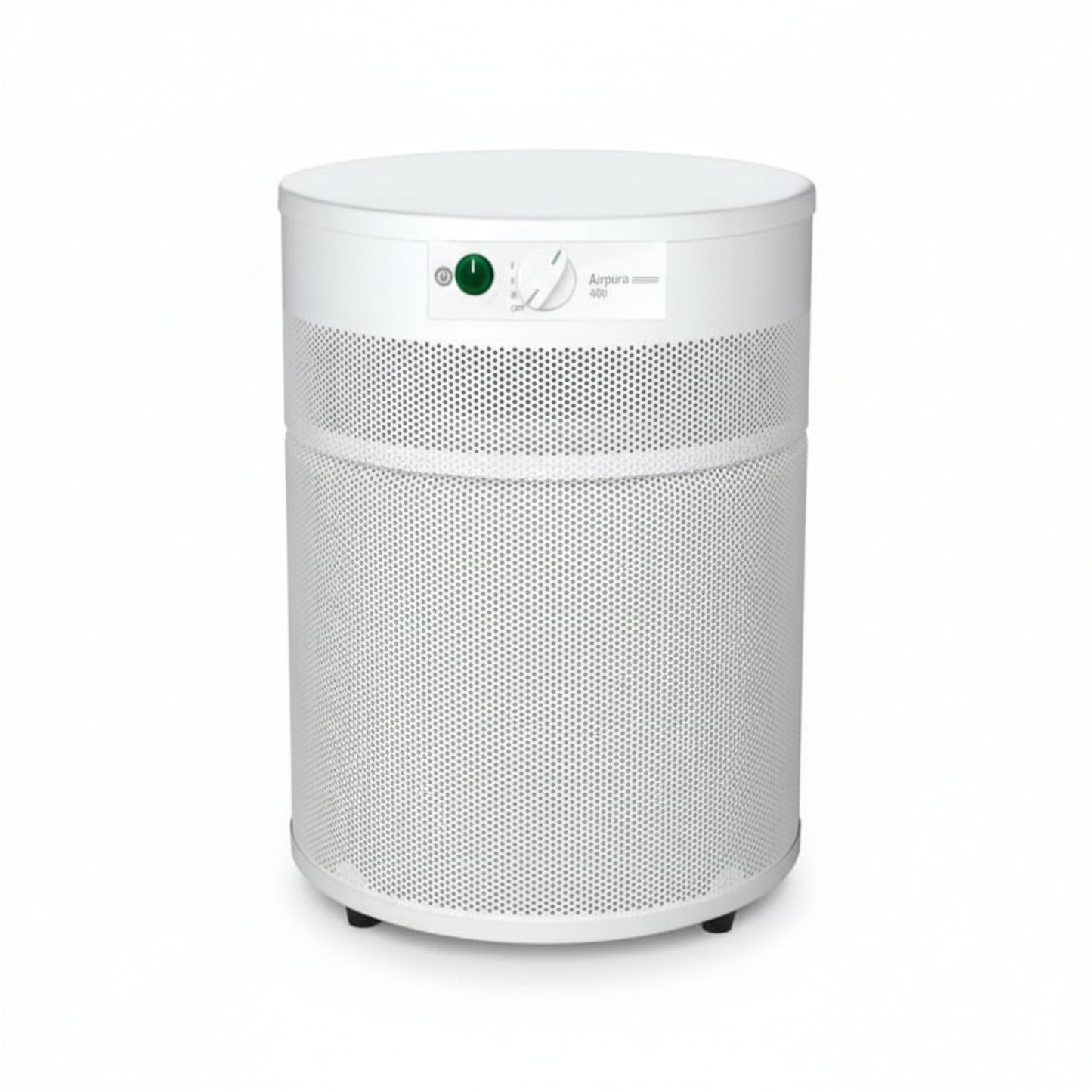 white air purifier shaped like a cylinder with black wheels, Airpura V400 Air Purifier on white background