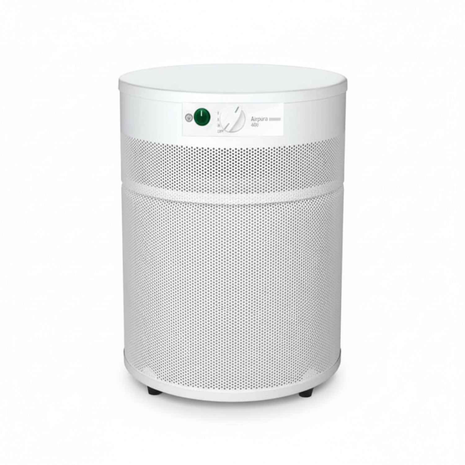 white air purifier shaped like a cylinder with black wheels, Airpura V400 Air Purifier on white background