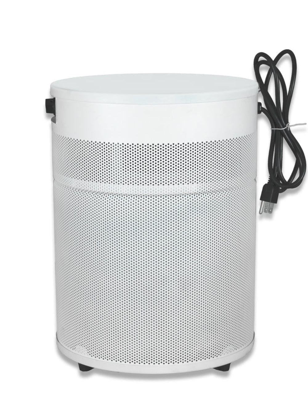 White cylindrical air purifier with a mesh front on a white background