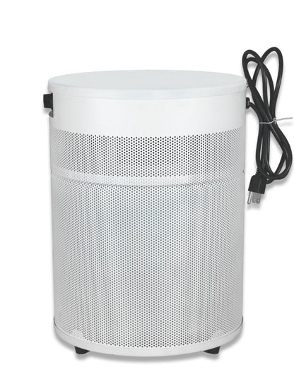 White cylindrical air purifier with a mesh front on a white background
