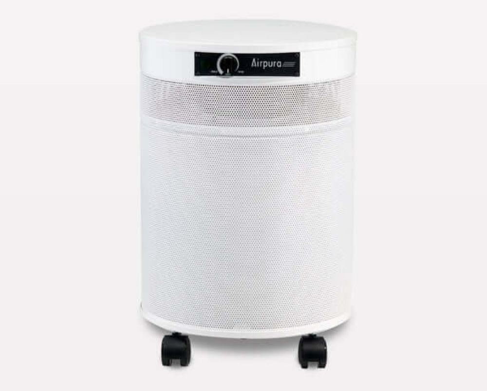 White air purifier with 'Airpura' branding on a white background