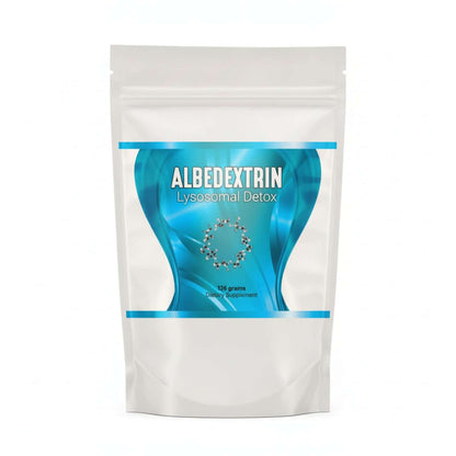 white and blue package of RemedyLink Albedextrin Lysosomal Detox 126g dietary supplement on white background