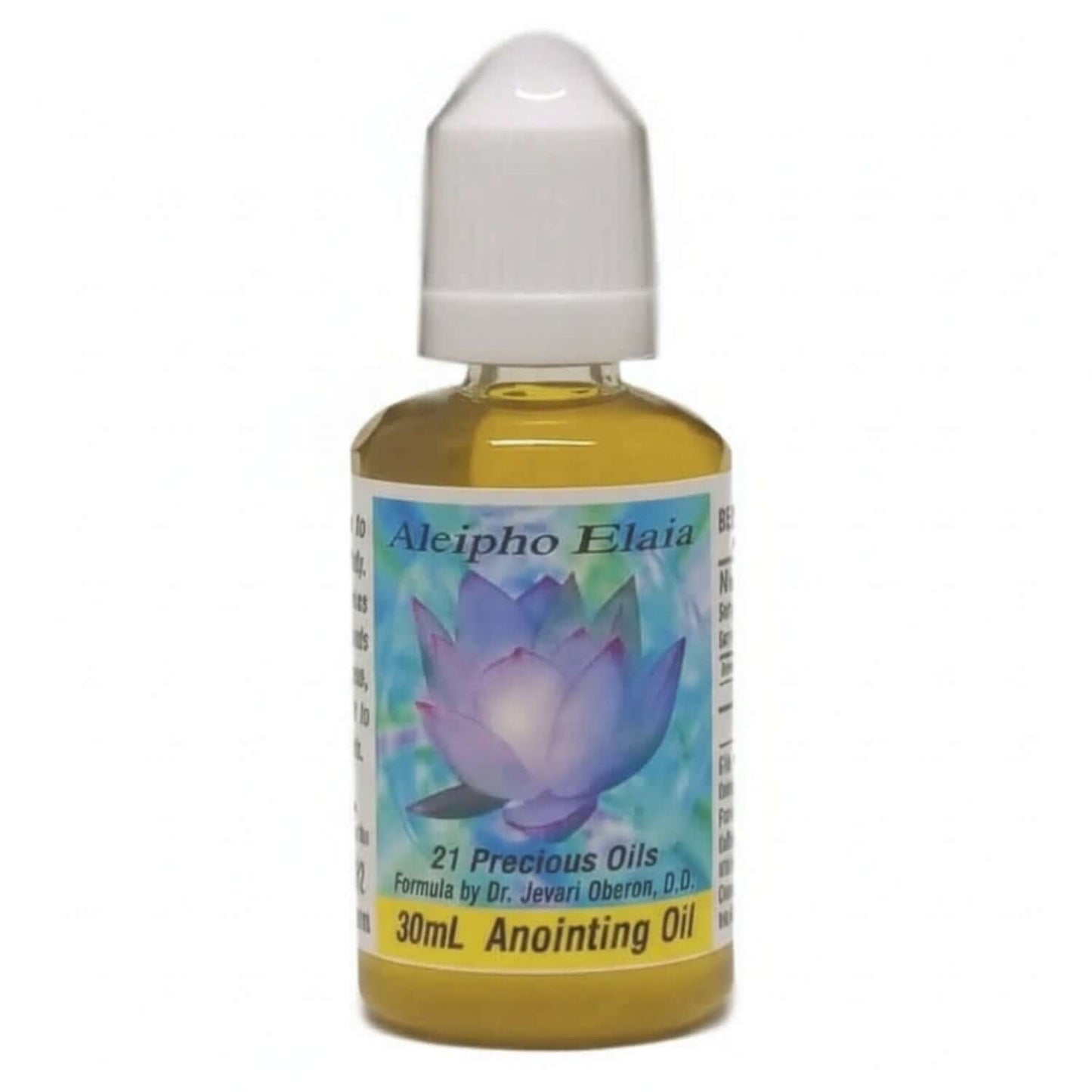 Aleipho Elaia 30mL Anointing Oil bottle with precious oils and lotus flower design.
