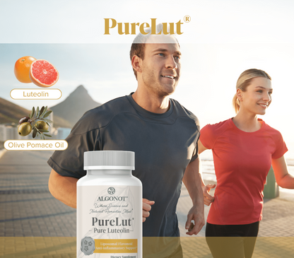 Man and woman running outdoors with a bottle of PureLut supplement in the foreground.