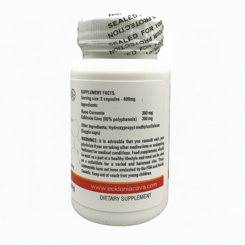 Nano Curcumin and Ecklonia Cava Capsules dietary supplement bottle with supplement facts label