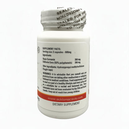 Nano Curcumin and Ecklonia Cava Capsules dietary supplement bottle with supplement facts label
