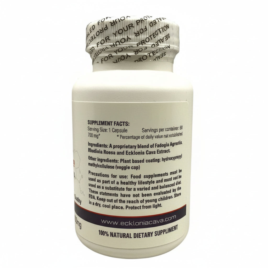 Algoran Vitality and Endurance natural athletic performance booster supplement bottle with ingredients and nutrition facts.
