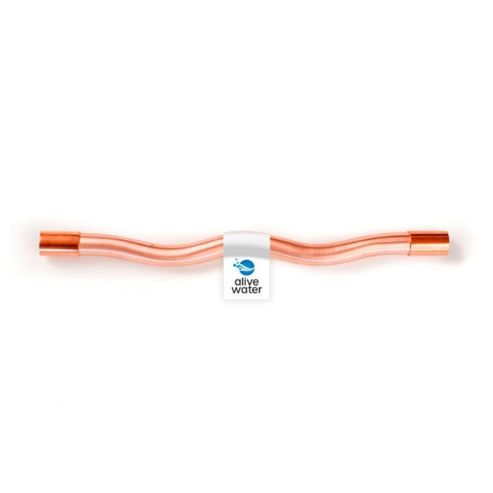Copper water pipe with 'alive water' branding on a white background