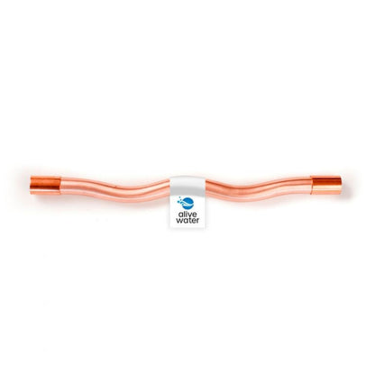 Copper water pipe with 'alive water' branding on a white background