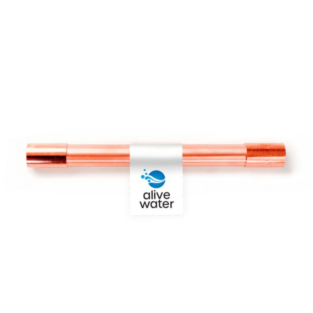 Copper water filter with 'alive water' branding on a white background