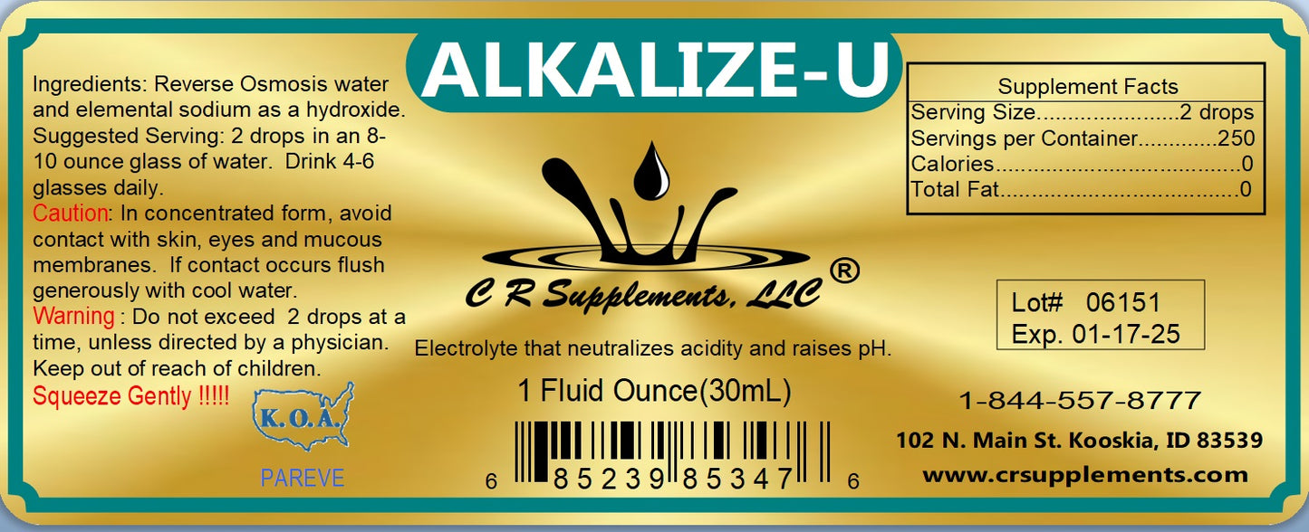 Label of Alkalize-U liquid mineral concentrate, promoting healthy pH balance and hydration.
