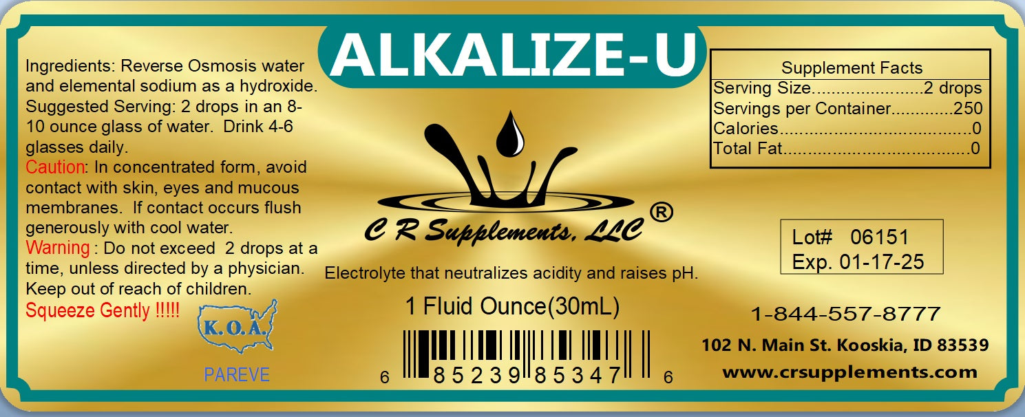 Label of Alkalize-U liquid mineral concentrate, promoting healthy pH balance and hydration.