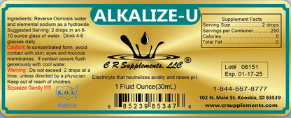 Label of Alkalize-U liquid mineral concentrate, promoting healthy pH balance and hydration.