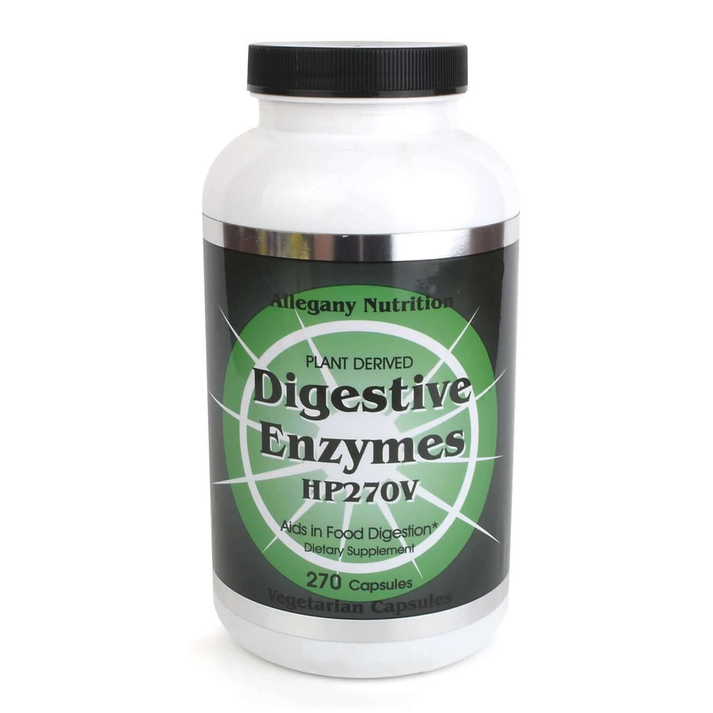 Digestive Enzymes HP by Allegany Nutrition in a white bottle, featuring high potency enzymes for digestive health.