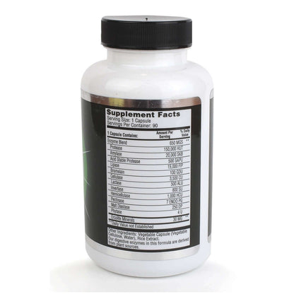 High potency enzymes supplement bottle showing detailed supplement facts label information and dosage.