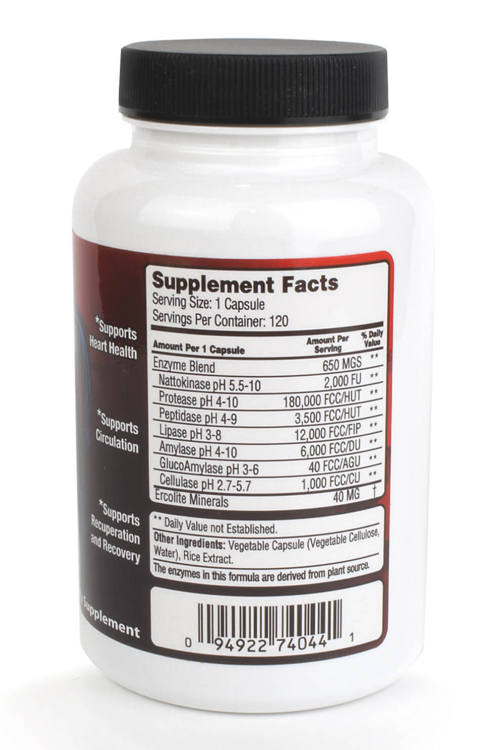 Nattokinase systemic enzyme formula supplement facts and ingredient details on bottle.