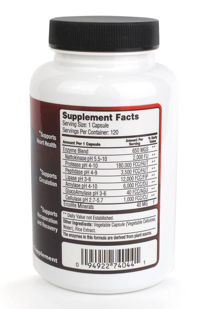 Nattokinase systemic enzyme formula supplement facts and ingredient details on bottle.